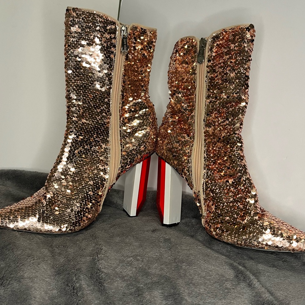 Cape Robin rose gold sequin boots with reflector heels